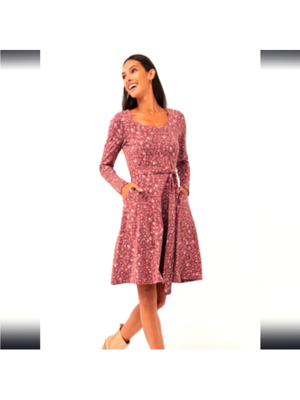 Pact Dusty Rose Floral Fit & Flare Tie Waist Ballet Mini Dress, Size XS NEW